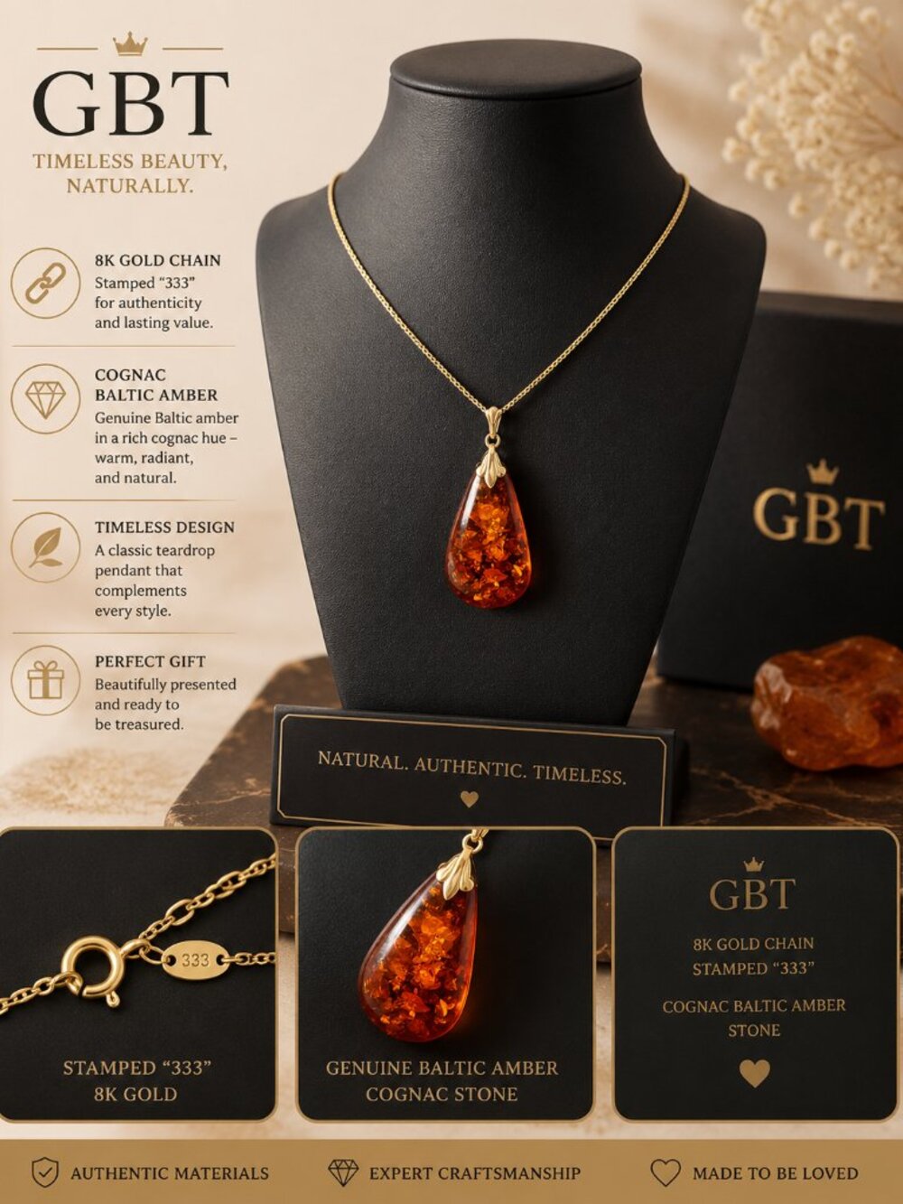 GBT Genuine Baltic Amber Teardrop Pendant Necklace - Solid 8K Yellow Gold (Stamp